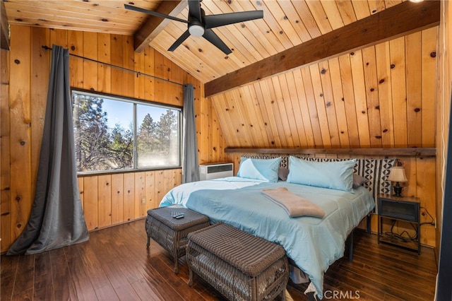 bedroom with wood walls, ceiling fan, wood ceiling, and dark hardwood / wood-style floors