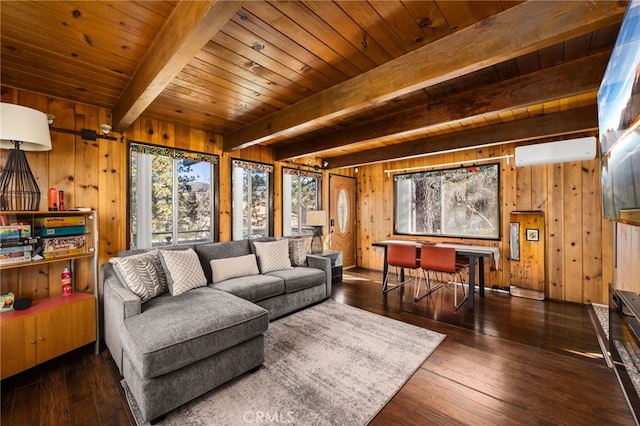 living room featuring wood walls, dark wood-type flooring, a wall mounted air conditioner, and wooden ceiling