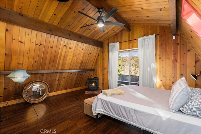 bedroom with wooden ceiling, vaulted ceiling with beams, dark wood-type flooring, and wooden walls