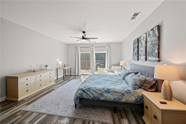 bedroom featuring ceiling fan, hardwood / wood-style floors, and access to outside