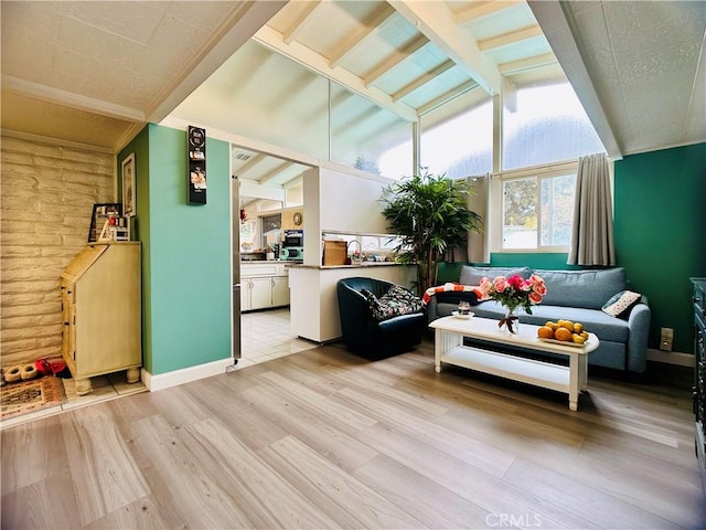 interior space with lofted ceiling with beams