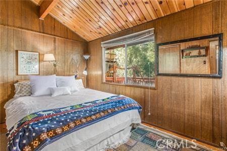 bedroom featuring lofted ceiling with beams, wood ceiling, and wooden walls