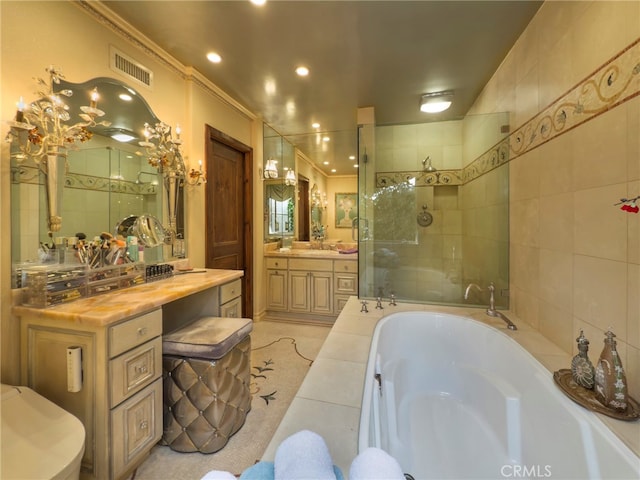 1330 Temple Hills Dr, Laguna Beach, CA 92651 - bathroom featuring a garden tub, vanity, tiled shower, tile patterned floors, and recessed lighting