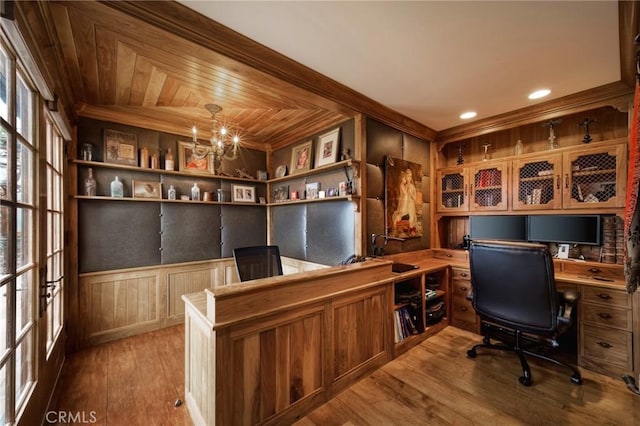 home office with recessed lighting, wood finished floors, wood ceiling, and an inviting chandelier