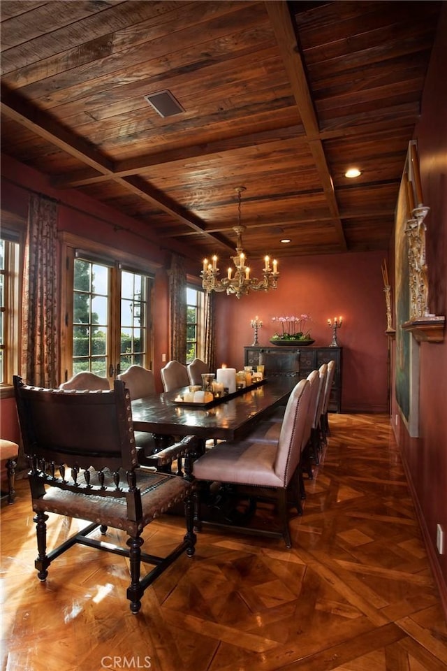 dining room featuring recessed lighting, an inviting chandelier, beam ceiling, baseboards, and wood ceiling