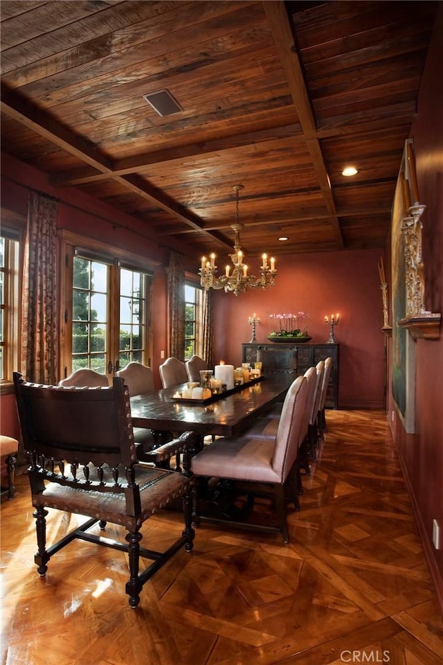 1330 Temple Hills Dr, Laguna Beach, CA 92651 - dining room with a wood ceiling with exposed beams, a chandelier, and recessed lighting
