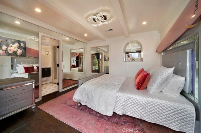bedroom with visible vents, beam ceiling, recessed lighting, and dark wood-style flooring