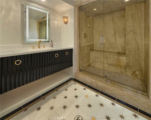 full bathroom with vanity, recessed lighting, and a stall shower