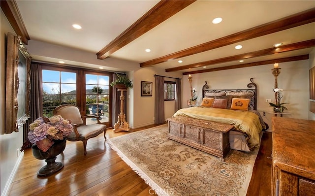 1330 Temple Hills Dr, Laguna Beach, CA 92651 - bedroom featuring recessed lighting, access to outside, baseboards, hardwood / wood-style flooring, and beam ceiling