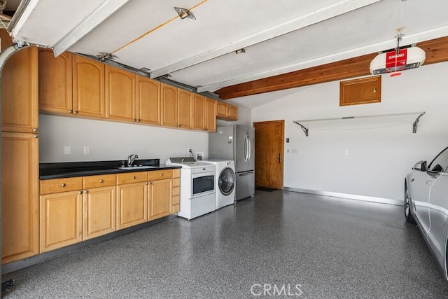 1330 Temple Hills Dr, Laguna Beach, CA 92651 - garage with washer and clothes dryer, a garage door opener, a sink, and freestanding refrigerator
