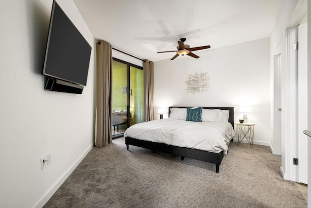 bedroom with carpet flooring, access to outside, and ceiling fan