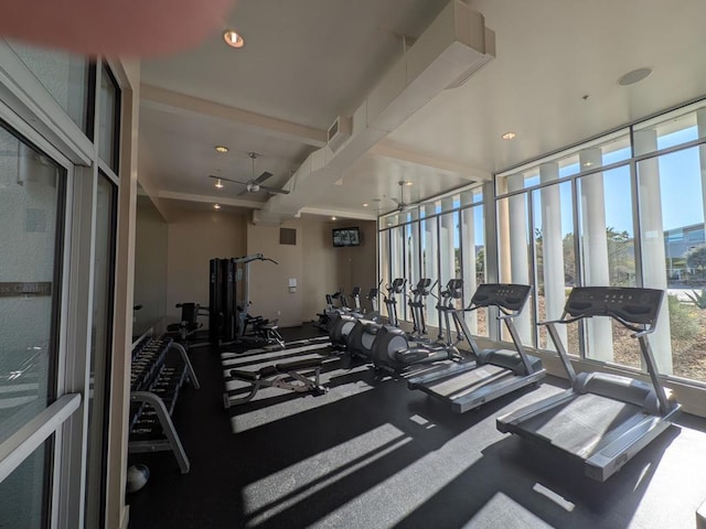 workout area featuring ceiling fan and a wall of windows