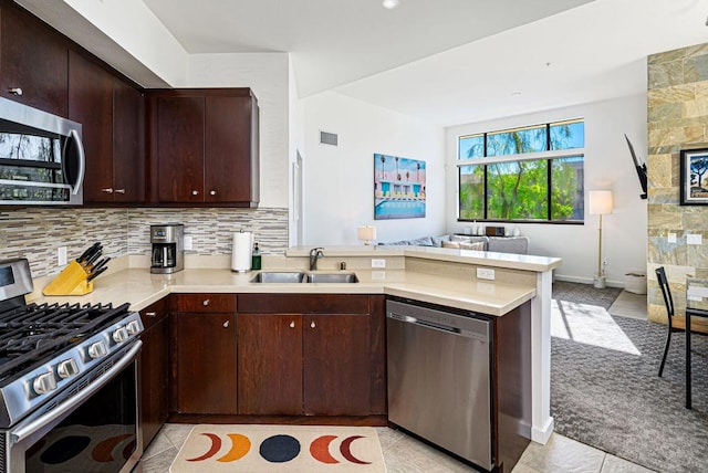 kitchen with appliances with stainless steel finishes, dark brown cabinets, and sink