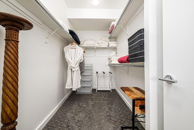 walk in closet featuring dark colored carpet