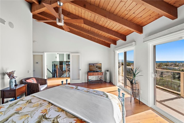 bedroom with beam ceiling, wooden ceiling, access to exterior, and light wood-type flooring