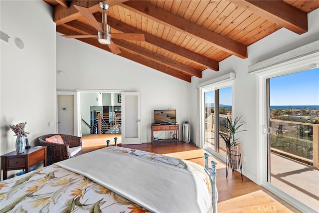 bedroom with beamed ceiling, high vaulted ceiling, access to outside, wood finished floors, and wooden ceiling