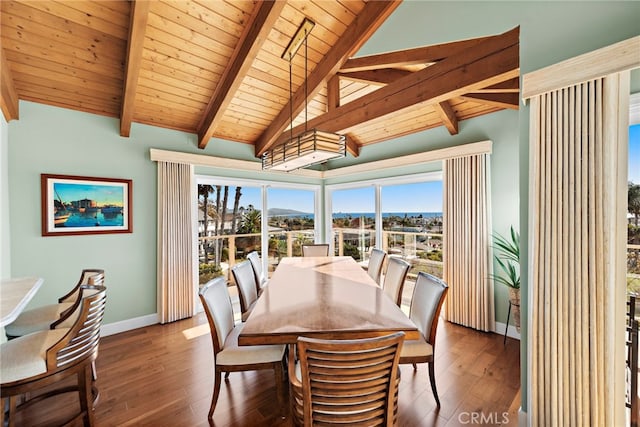 dining room featuring lofted ceiling with beams, baseboards, wood finished floors, and wooden ceiling