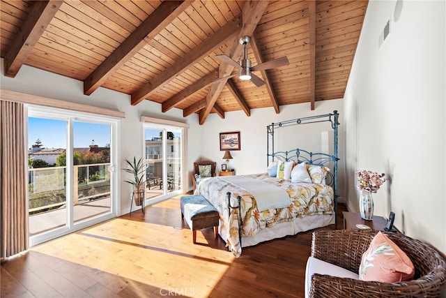 bedroom featuring hardwood / wood-style flooring, vaulted ceiling with beams, access to outside, and wood ceiling