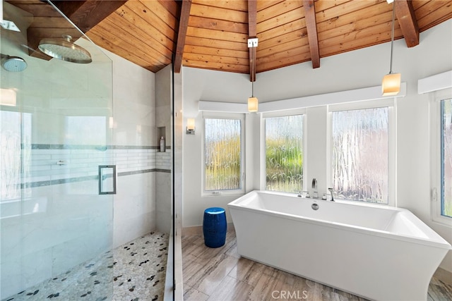 bathroom featuring plus walk in shower, wood-type flooring, vaulted ceiling with beams, and wood ceiling