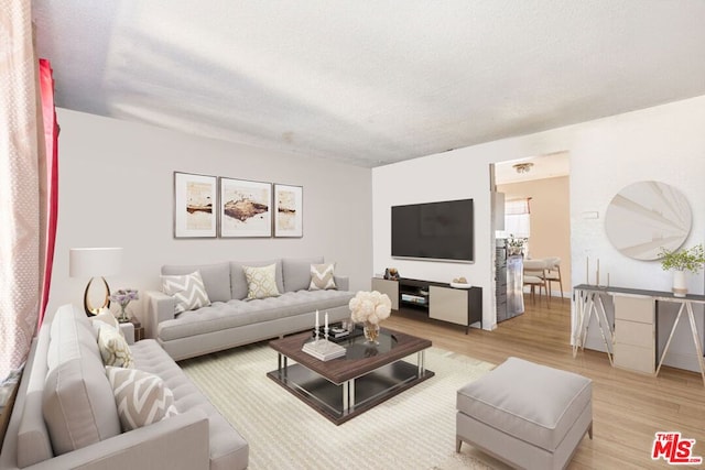 living room featuring a textured ceiling and light hardwood / wood-style floors