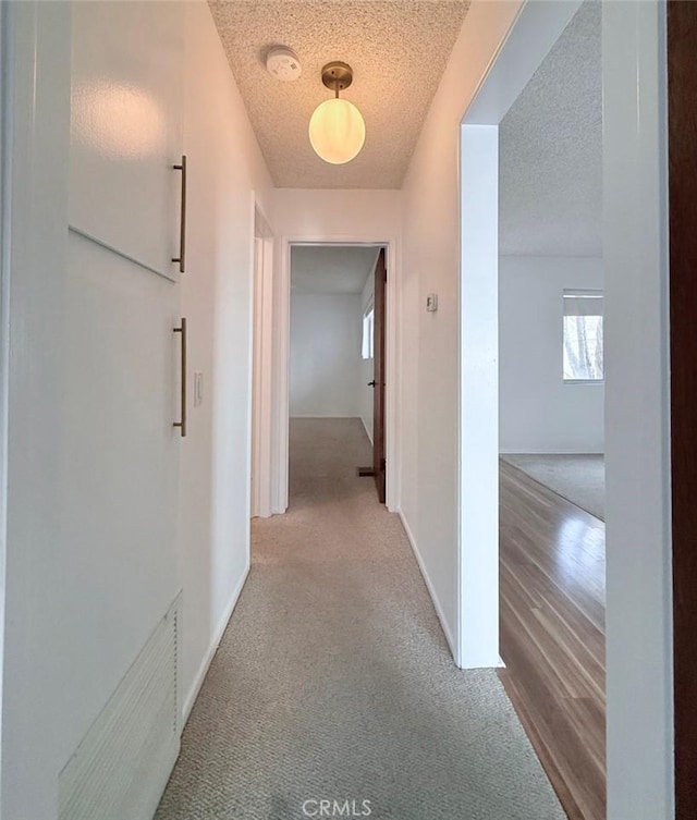 hall featuring carpet flooring and a textured ceiling