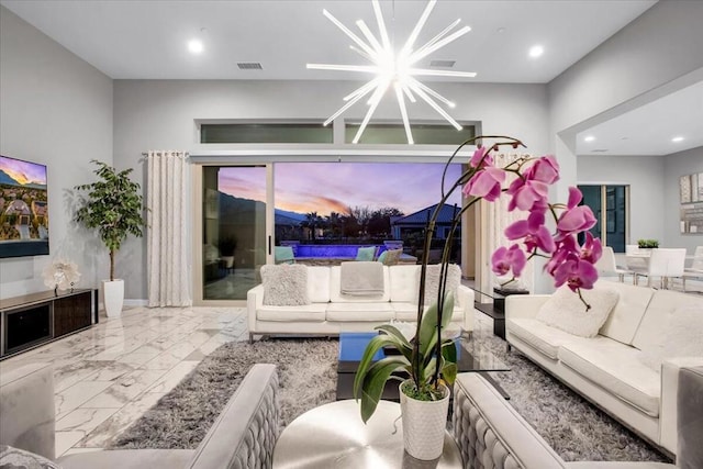 living room with a chandelier