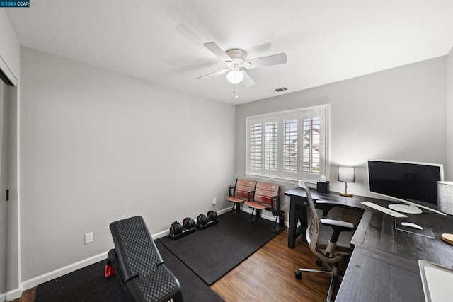 home office featuring ceiling fan and wood-type flooring