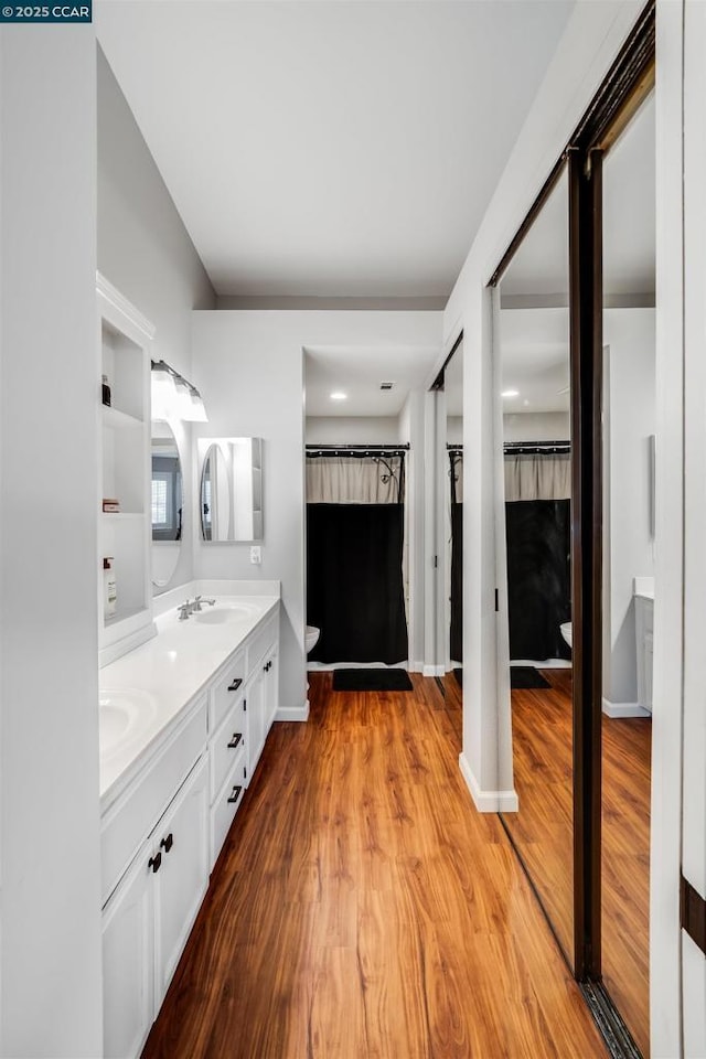 bathroom featuring hardwood / wood-style flooring and vanity