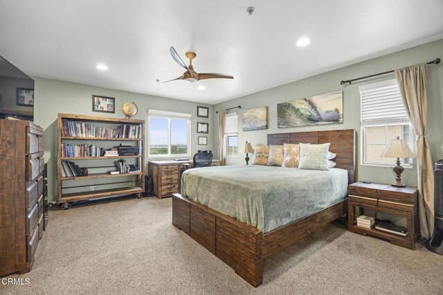 bedroom featuring recessed lighting, carpet, and ceiling fan