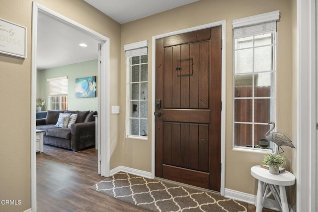 entrance foyer with baseboards and wood finished floors