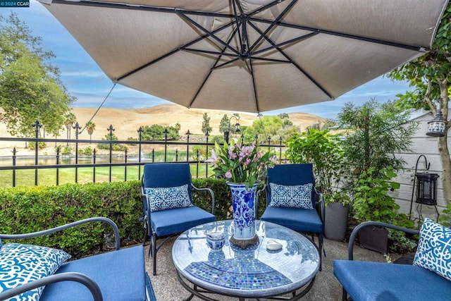 view of patio featuring a mountain view