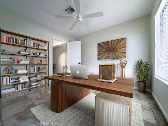 office featuring ceiling fan and concrete flooring