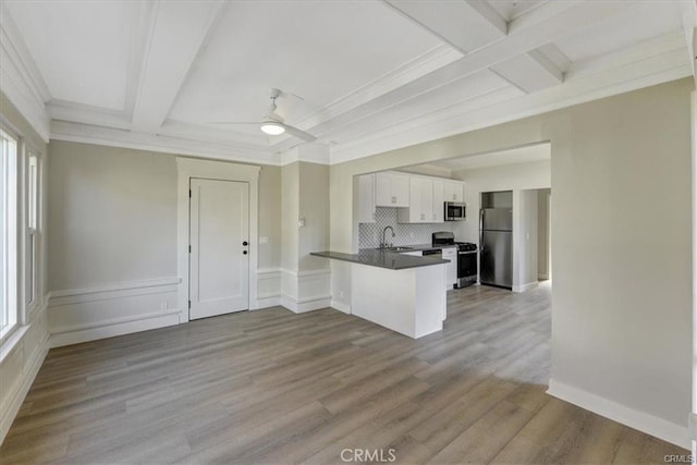 1048 E 5th St, Long Beach, CA 90802 - kitchen featuring appliances with stainless steel finishes, coffered ceiling, a peninsula, white cabinetry, and dark countertops