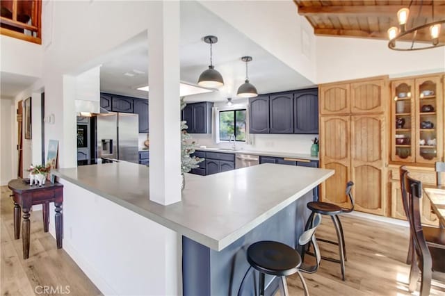 kitchen with pendant lighting, stainless steel appliances, light hardwood / wood-style flooring, and sink