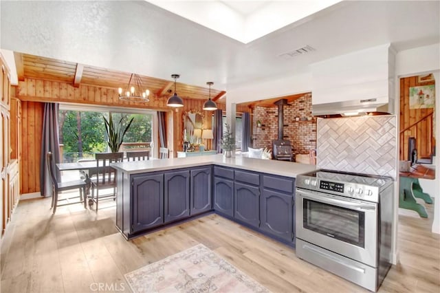 kitchen featuring kitchen peninsula, decorative light fixtures, light hardwood / wood-style floors, a wood stove, and stainless steel range with electric cooktop