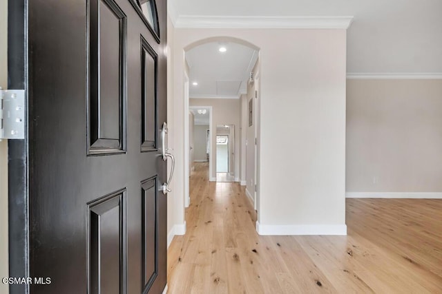 hall featuring crown molding and light hardwood / wood-style flooring