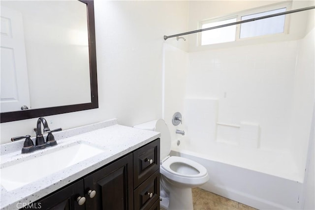 full bathroom with shower / tub combination, tile patterned flooring, vanity, and toilet