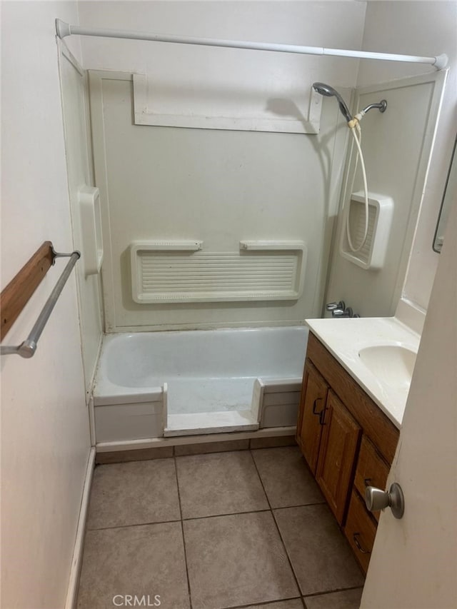 bathroom with shower / bathing tub combination, vanity, and tile patterned floors