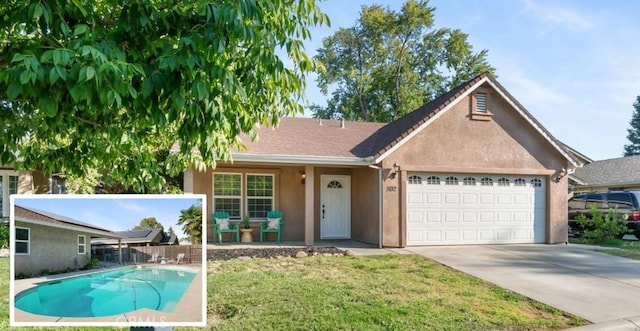 ranch-style house with a garage and a front lawn