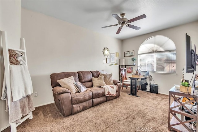 living room with carpet floors and ceiling fan