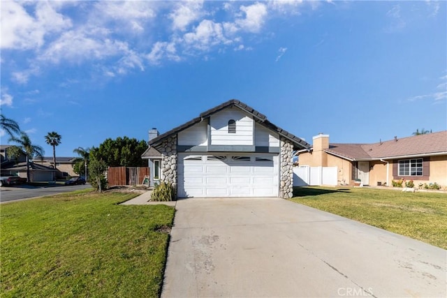 ranch-style home featuring a garage and a front lawn