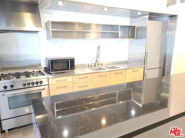 kitchen with tasteful backsplash, appliances with stainless steel finishes, island range hood, and sink