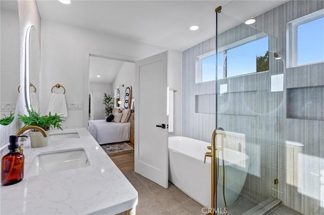 bathroom with tile patterned floors, vanity, a healthy amount of sunlight, and independent shower and bath