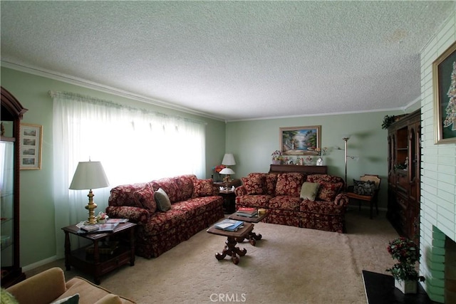 carpeted living area with a textured ceiling, a fireplace, and crown molding