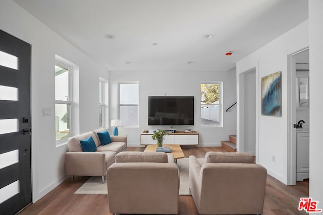 living room with dark hardwood / wood-style flooring