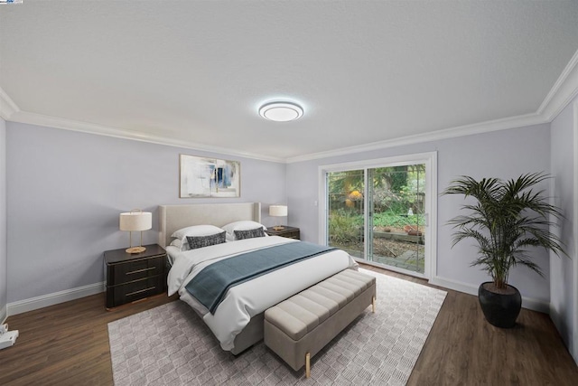 bedroom with access to outside, dark wood-type flooring, and ornamental molding