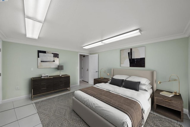 bedroom with light tile patterned floors and ornamental molding