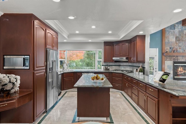 kitchen featuring a raised ceiling, sink, stainless steel appliances, and a center island