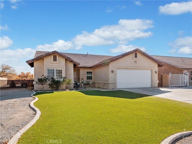 ranch-style home with a front lawn and a garage