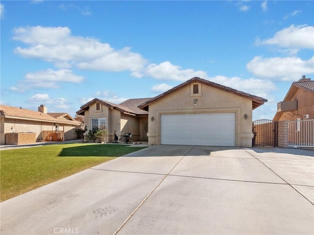 ranch-style house with a front yard and a garage